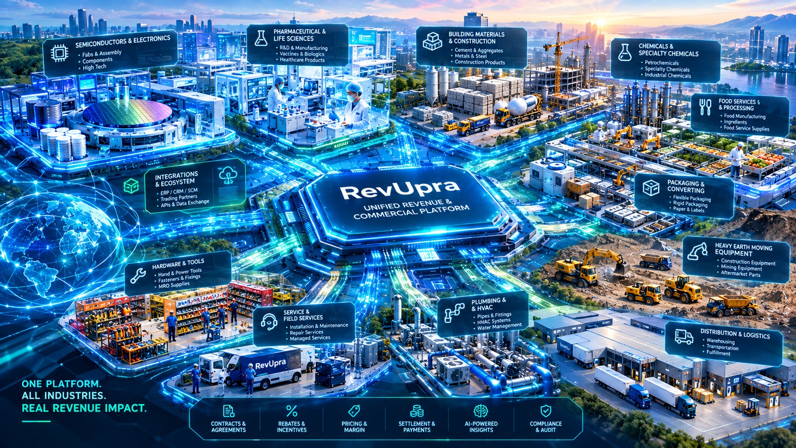 The RevUpra platform at the centre of a connected industrial landscape — semiconductors, pharmaceuticals, construction materials, chemicals, food, packaging, heavy equipment, hardware, plumbing and HVAC, field services and distribution all feeding one revenue platform, with contracts, rebates, pricing, settlement, AI insight and audit along the base